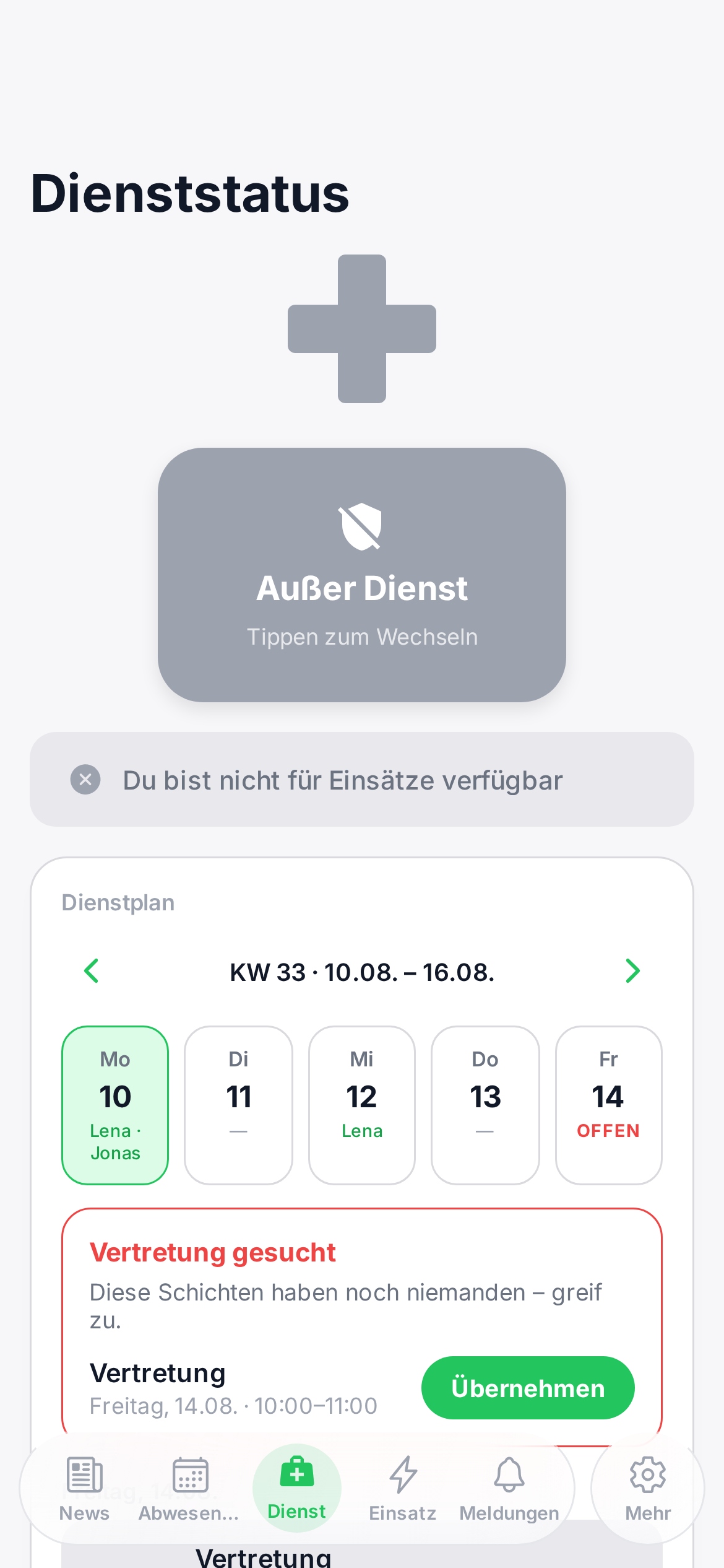 Dienstplan mit Wochenübersicht in der SchulSaniApp