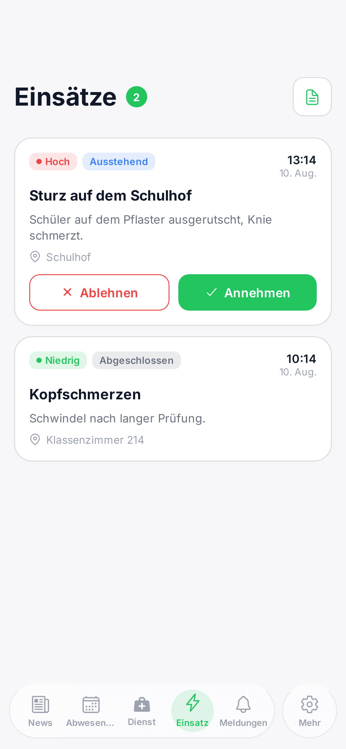 Einsätze in der SchulSaniApp